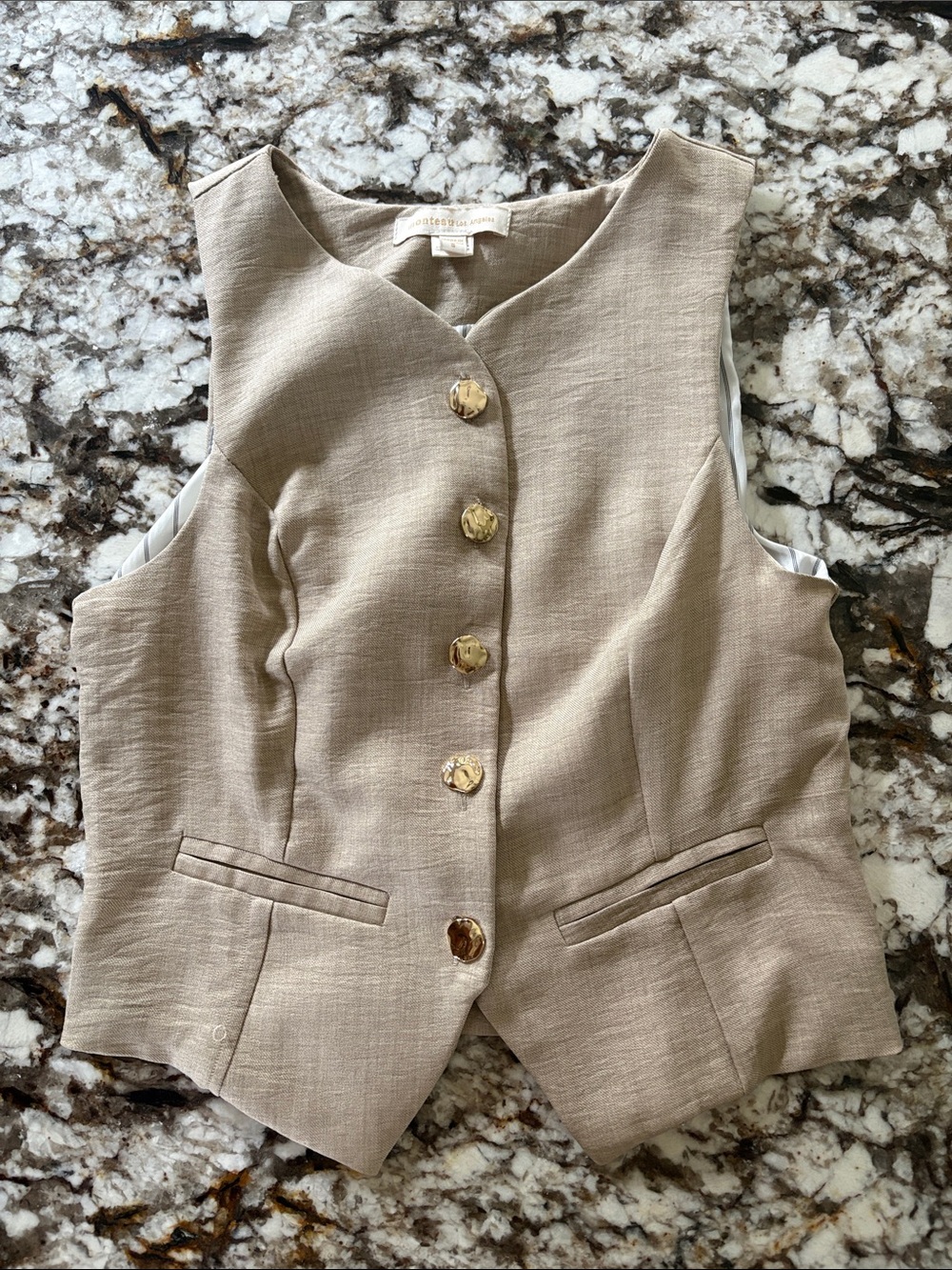 Monteau Beige Linen-Blend Girls Vest with Gold Buttons